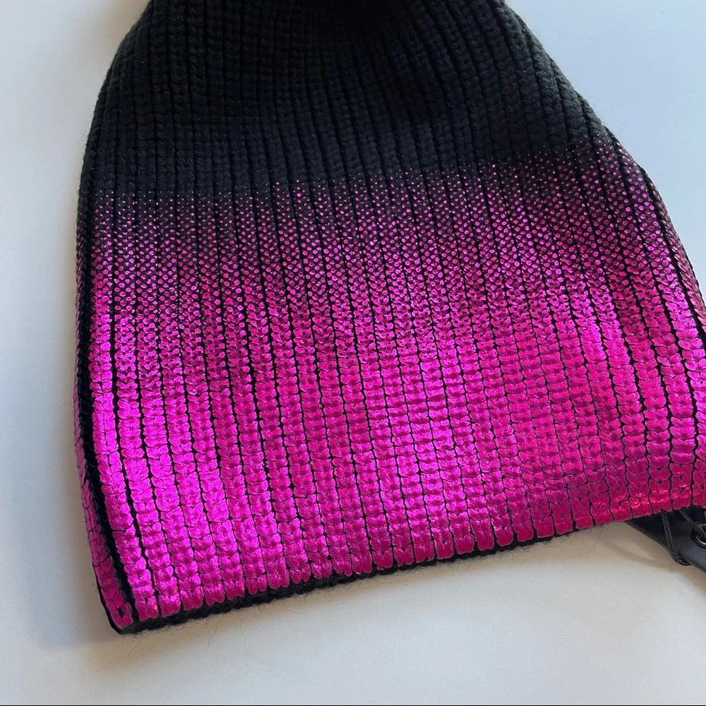 Jocelyn NWT Black Hot Pink Metallic Faux Fur Beanie Winter Hat - Picture 4 of 6